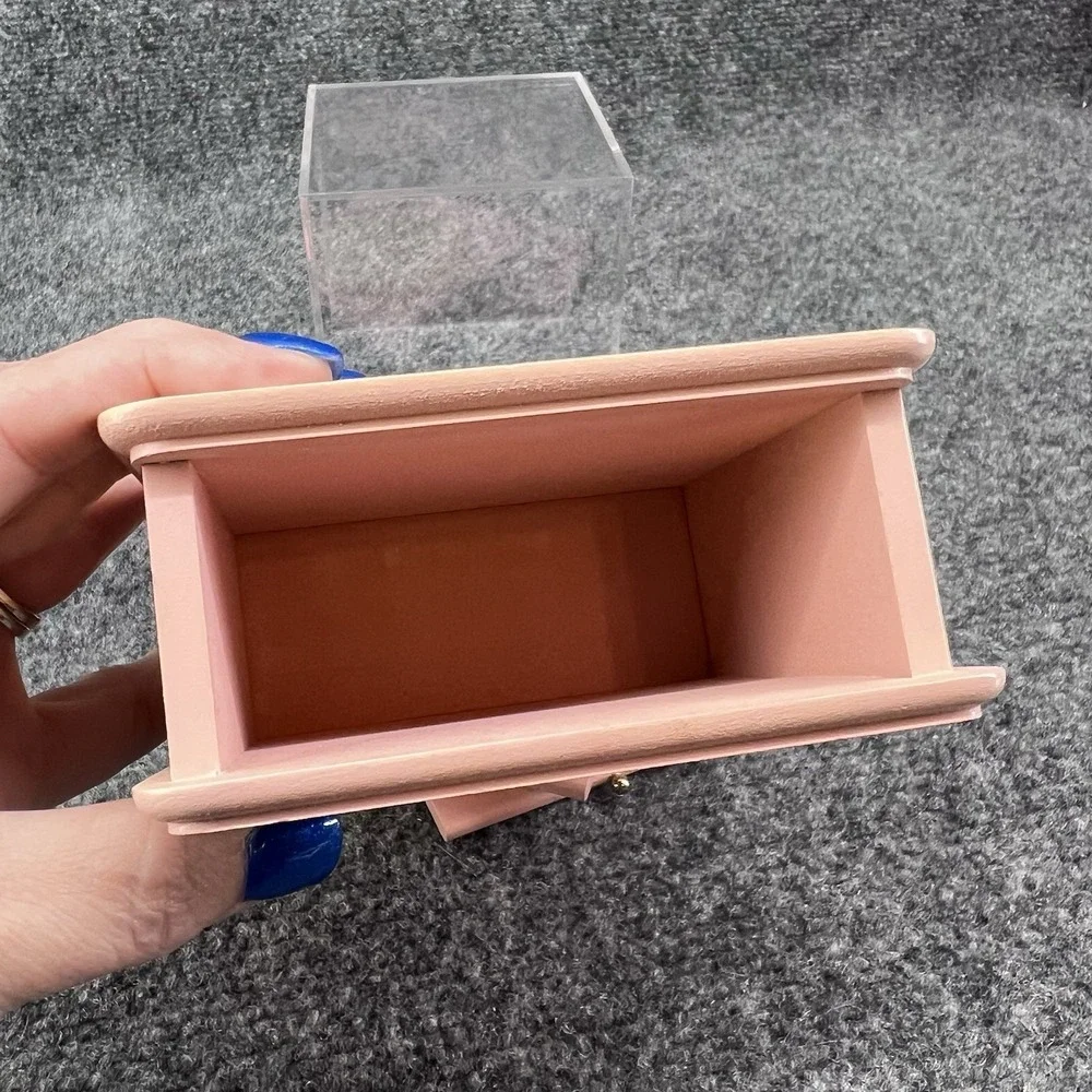 Vtg Set of 6 Pink Wood & Cork Square Coasters & Floral Blue Ribbon Storage Box